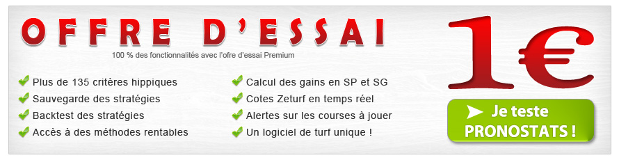 Testez le logiciel turf Pronostats pour 1 euro et faite VOTRE pronostic pmu ! Promotion offre à 1 euro pour tester le logiciel turf et faire de vrai pronostic PMU rentable